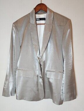 Zara Silver Shine Metallic Satin Blazer Jacket Women's Size Small